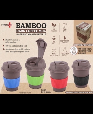 Bamboo Dark Coffee mug: Eco friendly mug with flip top Lid and Anti-Scald sleeve | Capacity 250 ml