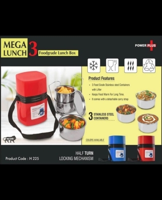 Power Plus Mega Steel Lunch Box- 3 Stainless steel containers with lifter