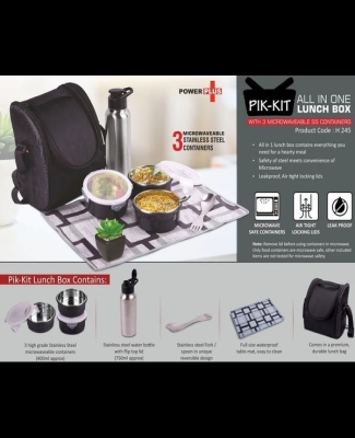 PIK-KIT: All in 1 Lunch box with 3 Microwaveable SS containers | Contains SS bottle, Fork, Spoon, Tablemat, Premium Bag