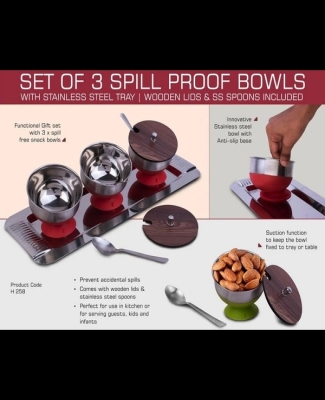 Set of 3 Spill Proof Bowls with Stainless Steel Tray | Wooden Lids & SS Spoons included