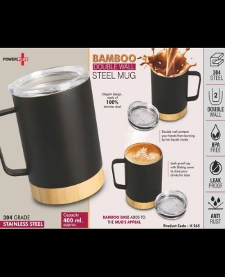 Bamboo Double wall Steel Mug with Leak Proof Lid | 304 steel inside | Capacity 400 ml approx