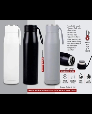 Travel Wide mouth Vacuum Flask with Silicon Strap | 304 Grade Steel | Capacity 550ml Approx