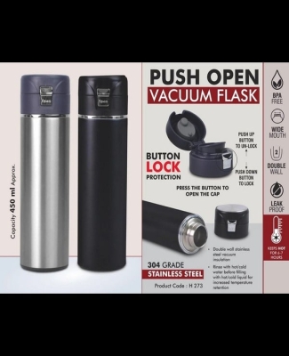 Push open Vacuum Flask with Button lock protection | 304 Grade Steel | Keeps hot for 6-7 hours | Capacity 450ml Approx