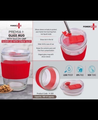 Premia+ Glass mug with Silicon Grip | Slider Lid with Straw slot | Capacity 350 ml approx
