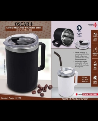 Oscar+: Large Insulated SS coffee mug with handle | Clear cap with Slider Lid | Straw Slot in cap | Capacity 600ml approx
