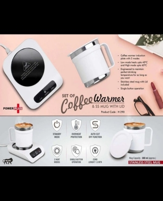 Set of Coffee warmer & SS Mug with Lid | Auto Cut off & Overheat Protection | 2 heat modes