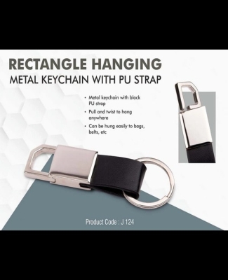 Rectangle hanging metal keychain with PU strap
