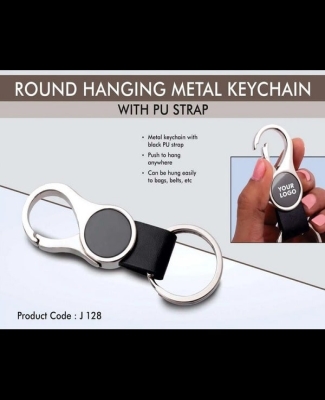 Round hanging metal keychain with PU strap