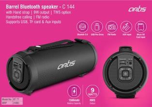 Artis Barrel Bluetooth speaker with Hand strap | 9W output | TWS option | Handsfree calling | FM radio | Supports USB, TF card & Aux inputs (BT77) (MR
