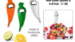 Bird shape fruit cutter with opener and fruit fork