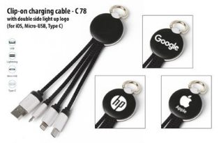 Clip-on charging cable with double side light up logo (iOS, Micro-USB, Type C) C78