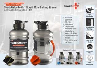 Beast Sports gallon bottle 1.5 L with mixer ball and strainer
(Unbreakable, Freezer safe) H151