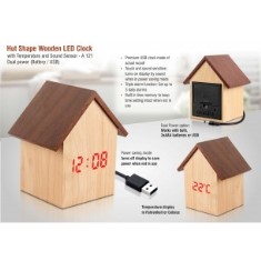 Hut shape wooden LED clock with temperature and sound sensor | Dual power (Battery / USB) A121