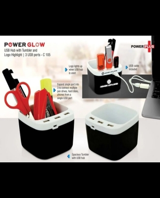 PowerGlow USB hub with tumbler and logo highlight | 3 USB ports C105