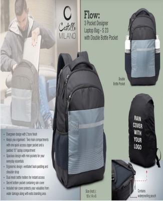 Flow: 3 pocket Designer laptop bag with double bottle pocket and rain cover