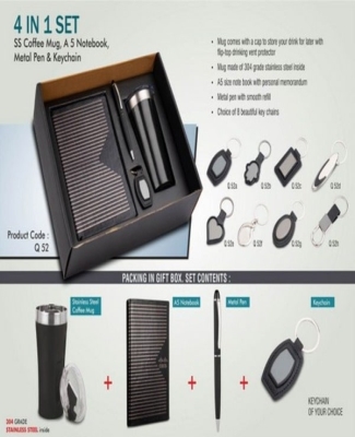 4 in 1 set: Tall sipper mug in 304 steel, Metal pen, A5 notebook and Keychain