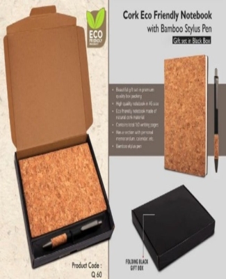 Cork Notebook with Cork Grip Velvet touch pen | Gift set in Black Texture box
