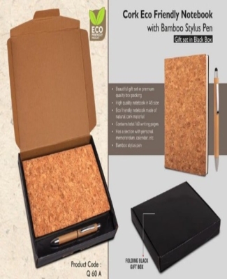 Cork Notebook with Bamboo Stylus pen | Gift set in Black Texture box