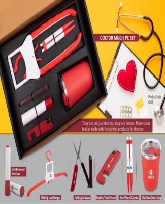Doctor Mug set: Folding Coat hanger, Lint remover, Folding scissors, Mobile/Tablet stand, Pen/Pencil combo, Stainless steel mug | 6 pc set