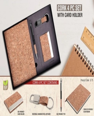 Cork 4 pc set: Cork notebook with Visiting Card holder, pen and keychain