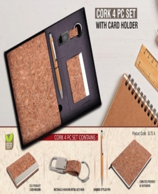 Cork 4 pc set: Cork notebook with Visiting Card holder, bamboo pen and keychain