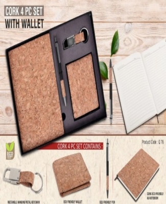 Cork 4 pc set: Cork notebook with Wallet, pen and keychain