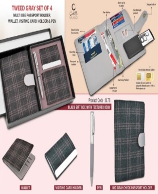 Tweed Gray Set of 4: Multi use Passport holder, Wallet, Card holder, Metal Pen