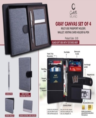 Canvas Gray Set of 4: Multi use Passport holder, Wallet, Card holder, Metal Pen