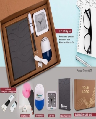 5 in 1 Gray set: Mobile Fan, Keychain with Car charger and cable, Air Freshener (100 gm), Glow Clock and A5 PU notebook in Kraft Gift Box