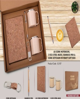 EcoSet 1: Set of A5 Cork notebook, 2 Eco Steel mugs, Bamboo Pen & Cork Keychain in Kraft Gift Box