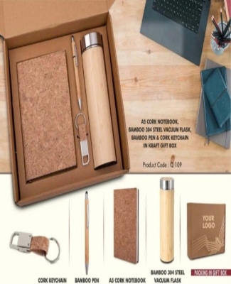 EcoSet 3: Set of A5 Cork notebook, Bamboo 304 Steel Vacuum Flask, Bamboo Pen & Cork Keychain in Kraft Gift Box