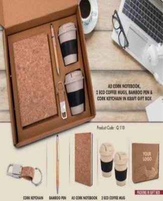 EcoSet 4: Set of A5 Cork notebook, 2 Bamboo Coffee Mugs with Silicon Sleeve, Bamboo Pen & Cork Keychain in Kraft Gift Box