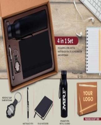 4 in 1 Black set: Tulip shape Keychain, SS Bottle, Metal Pen and A5 PU notebook in Kraft Gift Box