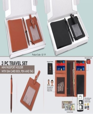 3 pc Travel set: Mini Passport holder with Sim card box, Luggage tag & Metal Pen in Gift box