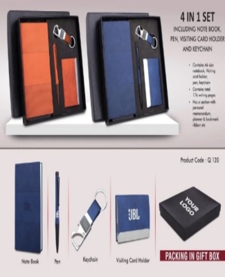 4 pc Notebook Set: A6 size notebook, Metal Pen, Loop Keychain & Visiting card holder in Gift box