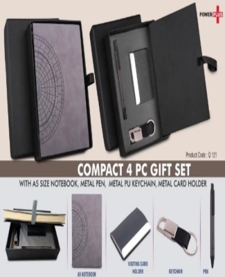 Compact 4 pc Gray gift set: A5 size Notebook, Metal pen, Metal PU Keychain, Metal Card holder