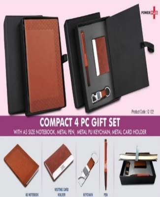 Compact 4 pc Tan gift set: A5 size Notebook, Metal pen, Metal PU Keychain, Metal Card holder