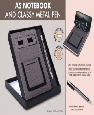 Gray Notebook Gift set: Multifunction Notebook With Classy Metal Pen