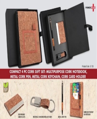 Compact 4 pc Eco gift set: Multipurpose Cork Notebook, Metal Cork pen, Metal Cork Keychain, Cork Card holder