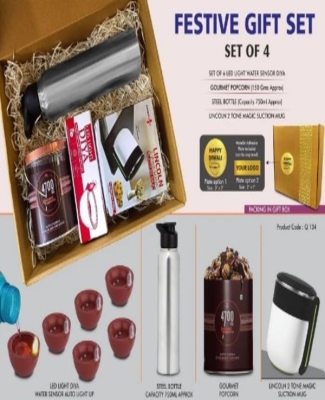 Festive Gift Set of 4: 6 pc diya set, Magic Suction mug, Steel Bottle & Gourmet Popcorn | Metal Plate included