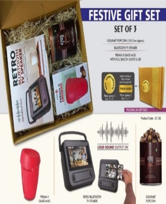 Festive Gift Set of 3: Premium Glass mug, Bluetooth TV Speaker & Gourmet Popcorn | Metal Plate included