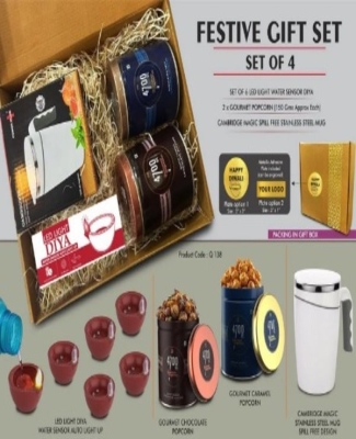 Festive Gift Set of 4: 6 pc diya set, Large Suction mug & 2 x Gourmet Popcorn | Metal Plate included