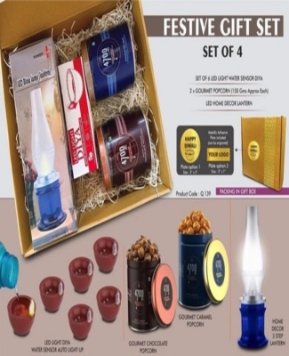 Festive Gift Set of 4: 6 pc diya set, 3 Step Lamp & 2 x Gourmet Popcorn | Metal Plate included