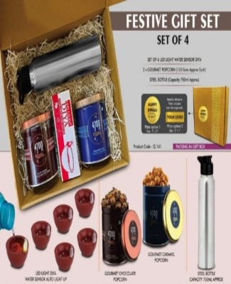 Festive Gift Set of 4: 6 pc diya set, Steel Bottle & 2 x Gourmet Popcorn | Metal Plate included