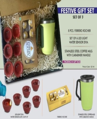 Festive Gift Set of 3: Ferrero Rocher 8 pc box, 6 pc LED Diya, SS Coffee Mug with Handle | Gift Box Packing