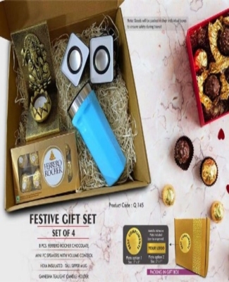 Festive Gift Set of 4: Ferrero Rocher 8 pc box, Mini PC speakers, Hexa Insulated Mug & Ganesha Tealight holder | Metal Plate included