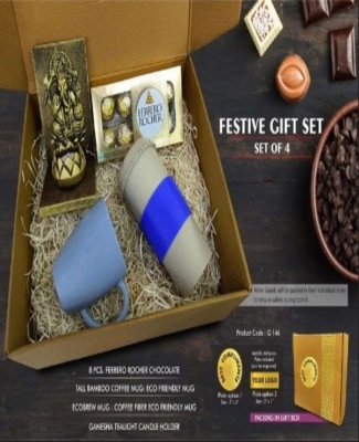 Festive Gift Set of 4: Ferrero Rocher 8 pc box, Tall Bamboo Mug, Coffee fiber mug & Ganesha Tealight holder | Metal Plate included