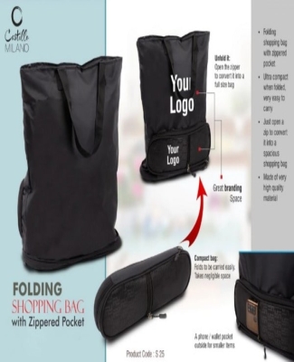 Folding shopping bag with Zippered pocket | Phone, wallet pocket outside