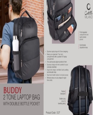 Buddy: 2 tone Laptop bag with double bottle pocket | Front organizer compartment and quick access pocket | Padded backpack