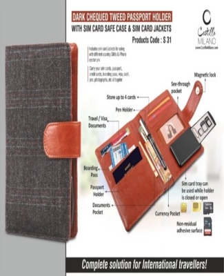 Dark Chequed Tweed Passport holder with Sim Card Safe Case & Sim Card Jackets